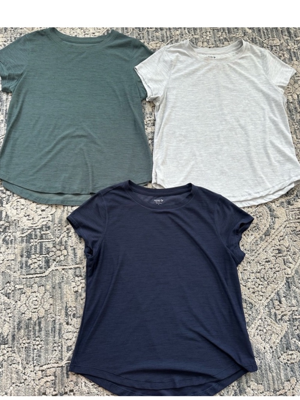 Old Navy Short Sleeve Active Tees in Navy, Sage, and Light Gray - 3-Pack